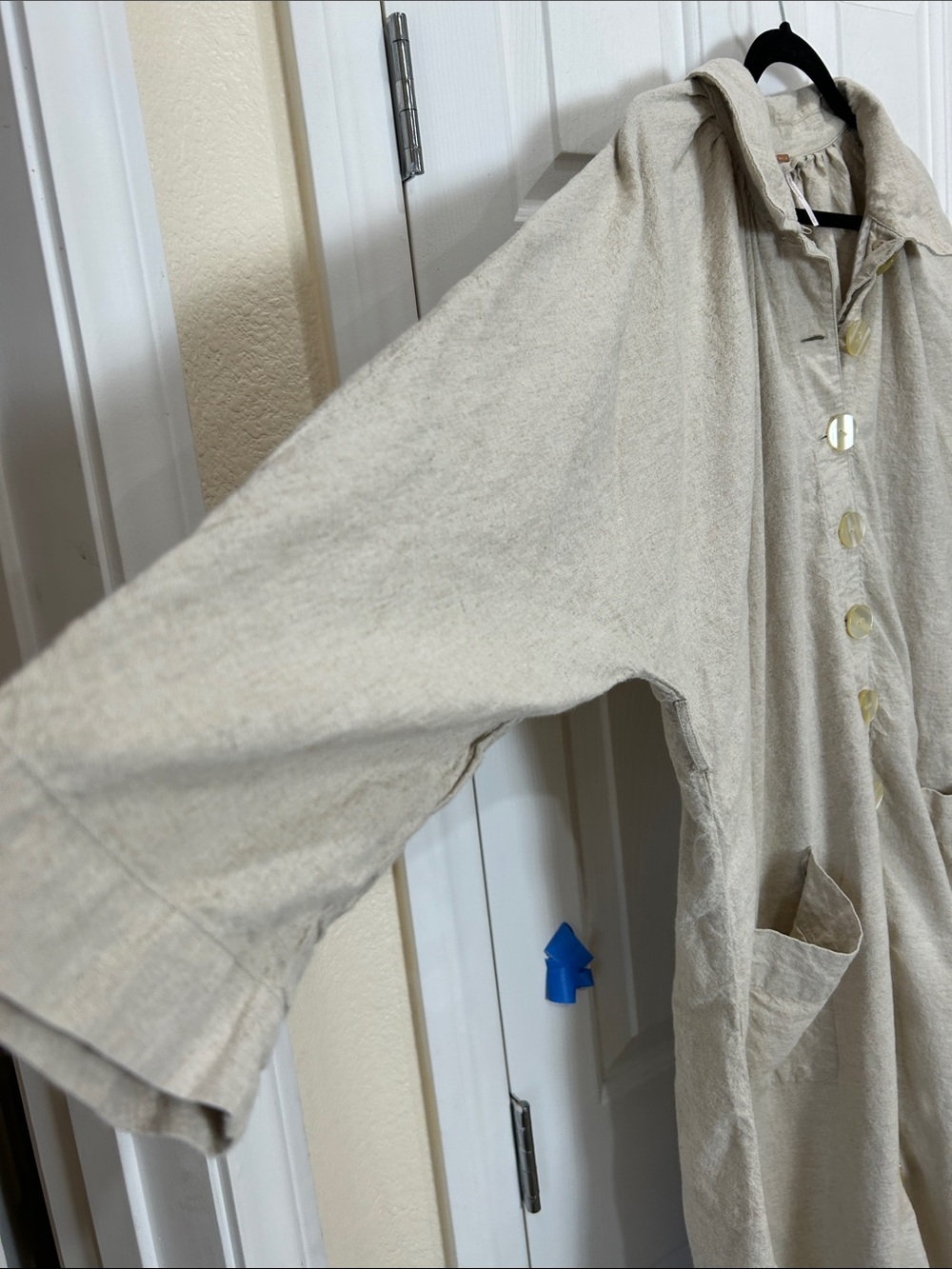 Free People Linen Blend Button Down Maxi Dress Duster Pockets Beige Large - Picture 5 of 12